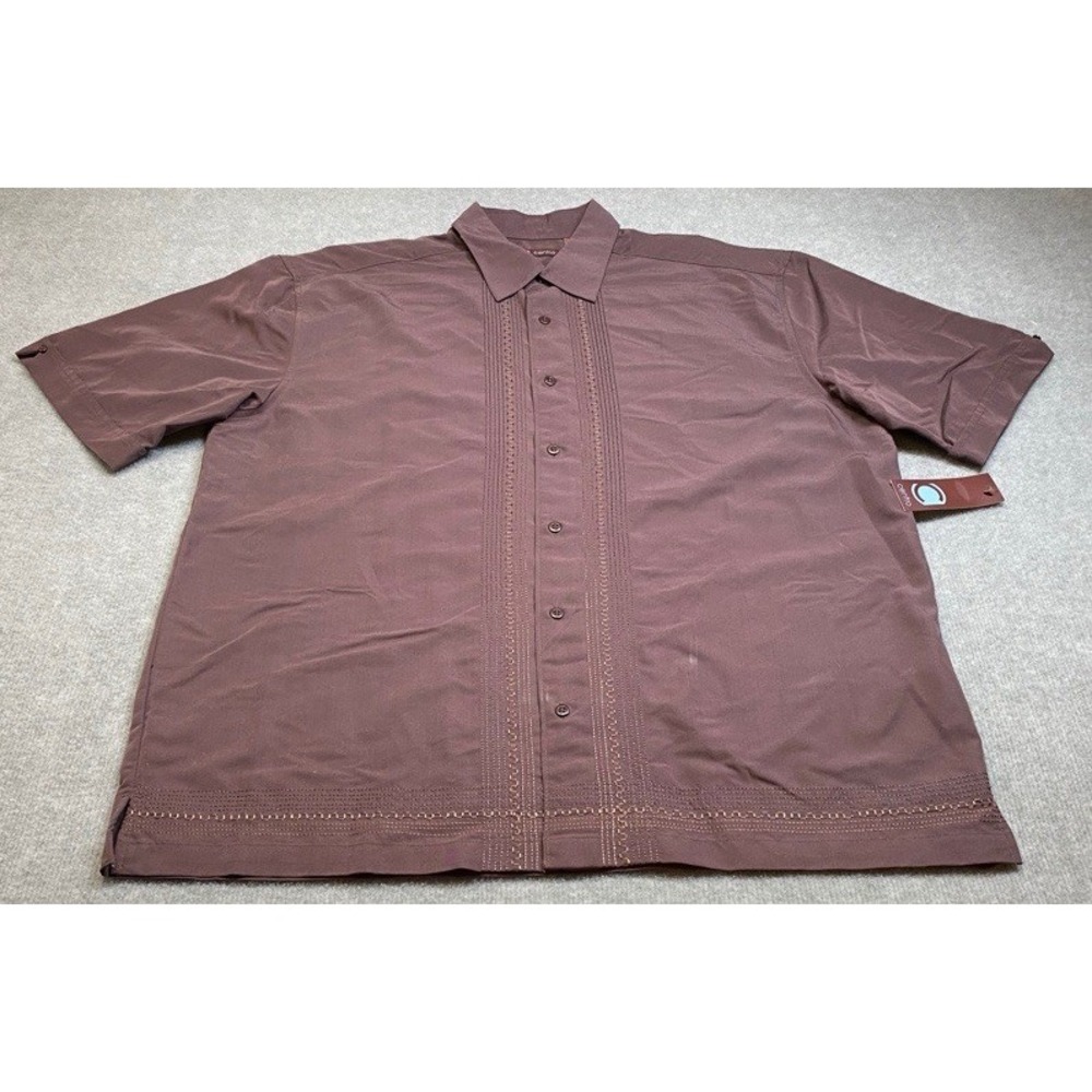NWT Centro Button Down Shirt Mens XL Brown Guayabera Pintuck Short Sleeve